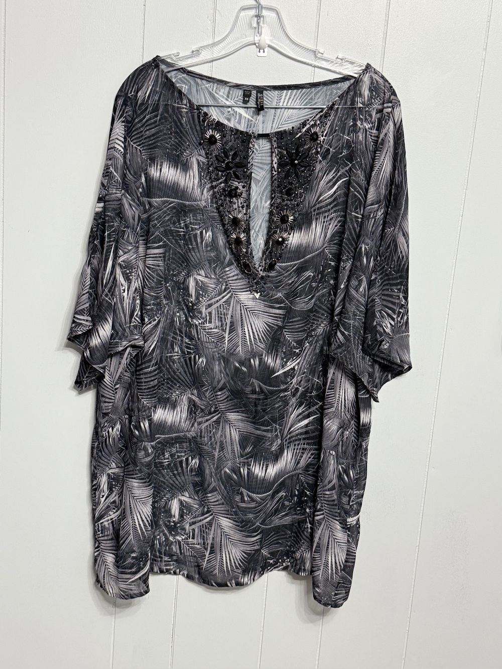 #12)  Guess Gray & Black Beaded Palm-Print Tunic